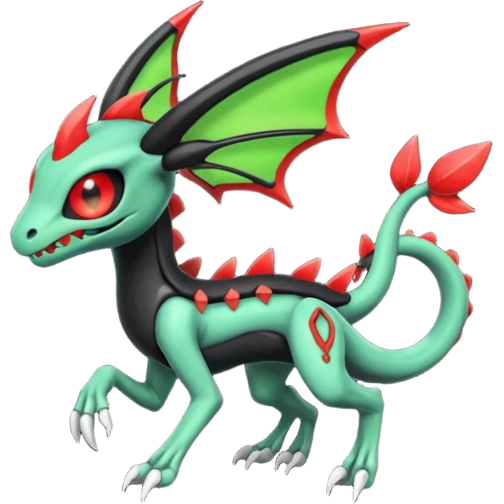 Obsidian-black and neon-glowing-green skeletal Meloetta-Salandit-Noivern-Zygarde-Pokémon-Fakémon-creature-fusion-hybrid with glowing crimson-red evil slit eyes emoji