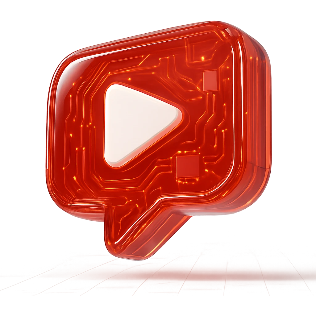 red opacity 0.6 speech bubble with inside a big red YouTube white play button, very glossy circuit style emoji