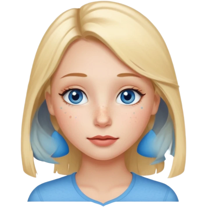 Una ragazza con ciglia lunghe occhi azzurri capelli biondi labbra sottili ma a cuore guance rosacee e lentiggini sul naso emoji