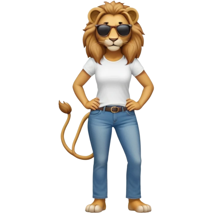 friendly anthropomorphised female lion character, full body, standing confidently with legs shoulder width apart and hands on hips, wearing jeans, a white t-shirt, and dark sunglasses, with a confident smile emoji