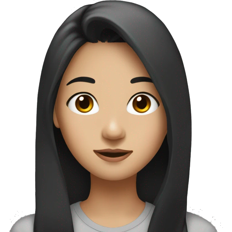 A 22 year old, Asian woman, with long black hair,   with brown eyes wearing a t-shirt. emoji