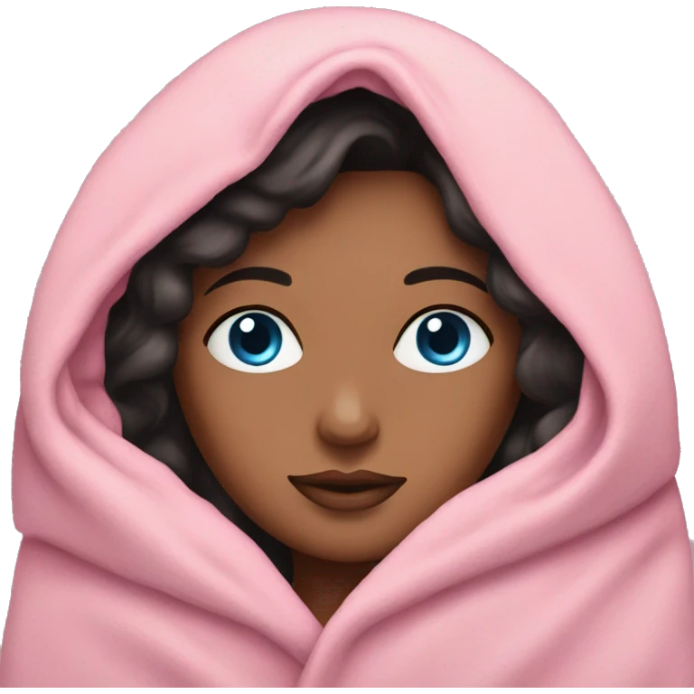 Woman with dark hair and blue eyes snuggled in a pink blanket emoji