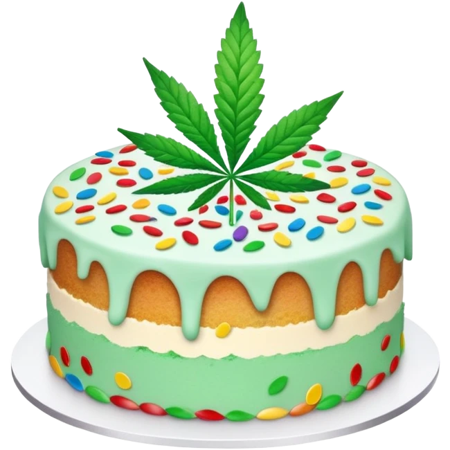 Colorful confetti cake with mint leaves and a cannabis leaf decoration on top emoji