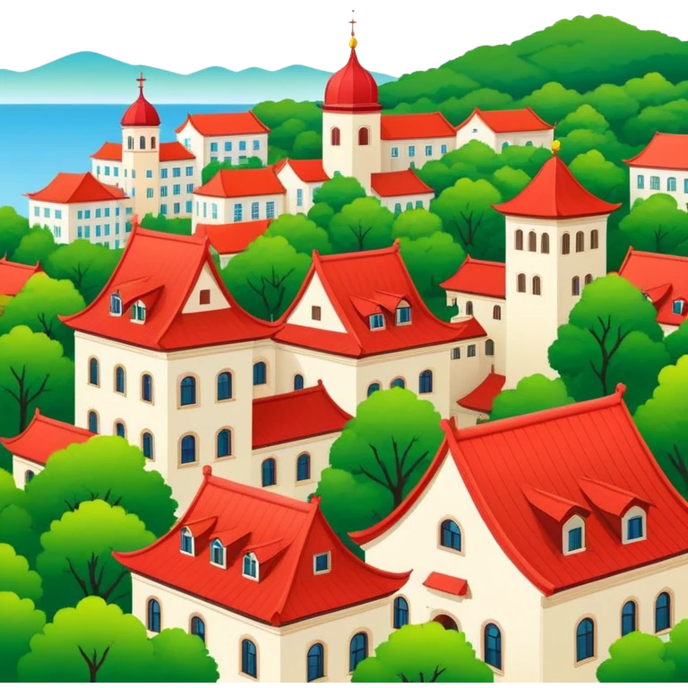 Qingdao European style buildings in Badaguan area with red roof and green trees, simplified emoji style with bold outlines and bright colors, cartoon style German architecture emoji