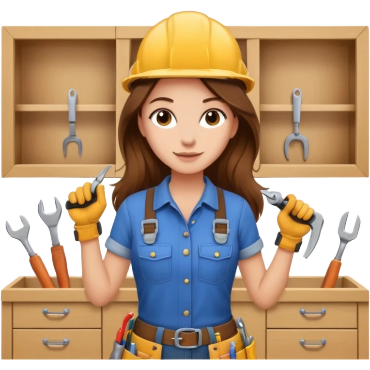 beautiful girl with long brown hair constructing new kitchen cabinets emoji