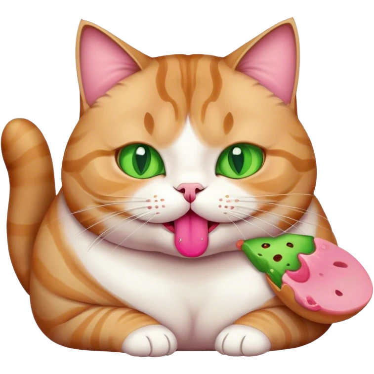 Fat tabby cat with green eyes eating  emoji
