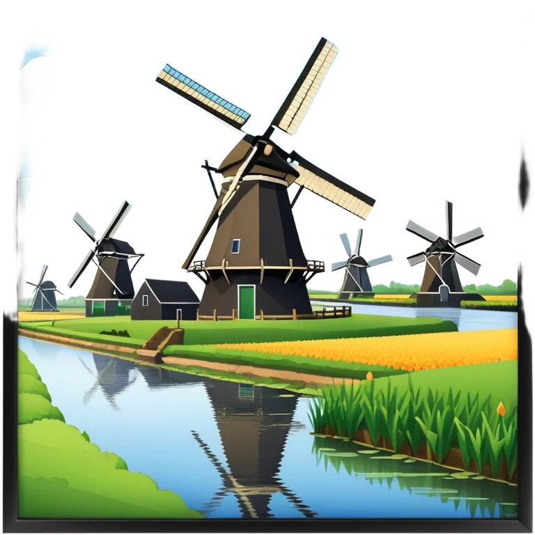cinematic-realistic-kinderdijk-windmills-landmark-emoji,-showcasing-traditional-dutch-windmills-aligned-along-a-tranquil-canal,-with-lush-green-fields in a picture frame emoji