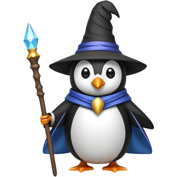 penguin dressed as a wizard with a pointy hat and magic staff, fun emoji style emoji
