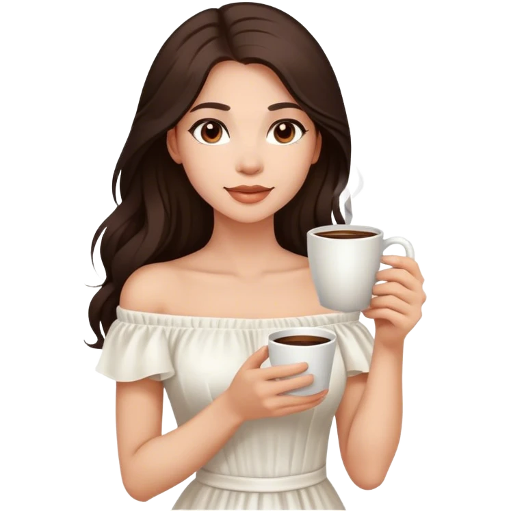 Beautiful woman in 1950’s woman fashion look, off-shoulder white dress, long dark brown hair, coffee emoji