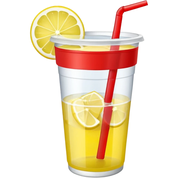 lemonade in a plastic cup without a lid and straw. the cup has a red label wrapped around emoji