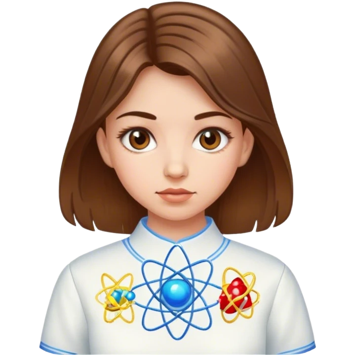 a Ukrainian girl with brown hair in an embroidered shirt and an atom emoji