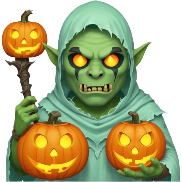 male orc warrior ghost emoji, green skin, tusks, wearing torn white ghost sheet costume, holding glowing jack-o'-lantern, faint blue aura, friendly but spooky expression, Halloween fantasy theme, Apple emoji style, clean white background, square emoji