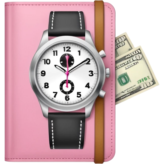 Libreta rosa, reloj blanco y un dolar emoji