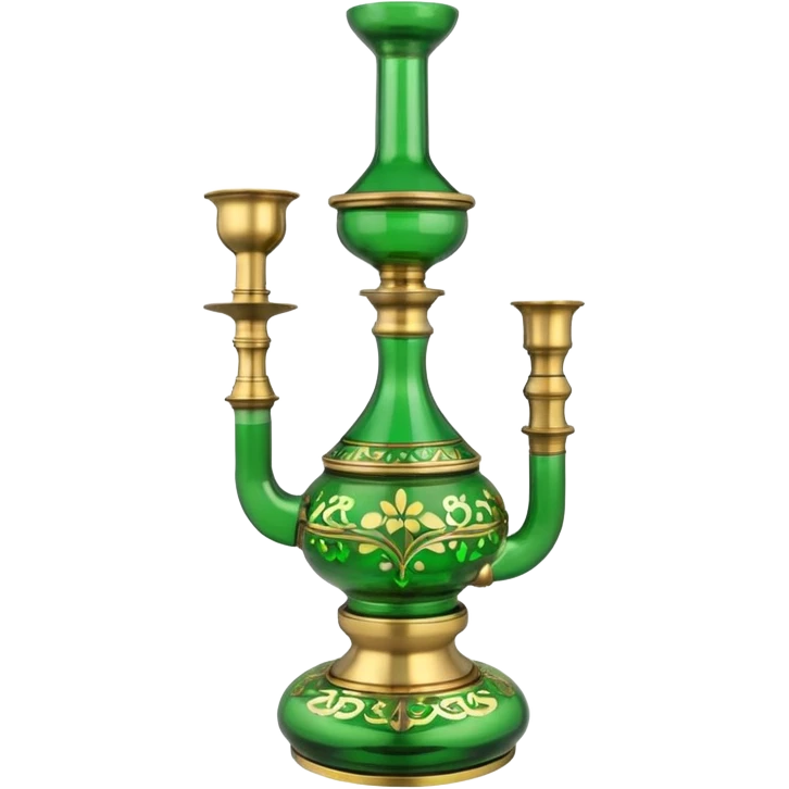 Brass hookah with green design on a glass water base on the top; with two pipes from the side all pouting on top emoji