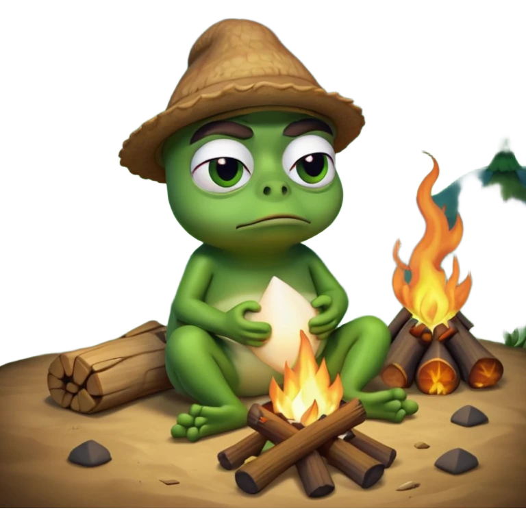 Sukurk pepe 3D vaizdu, prie laužo liudnas. emoji