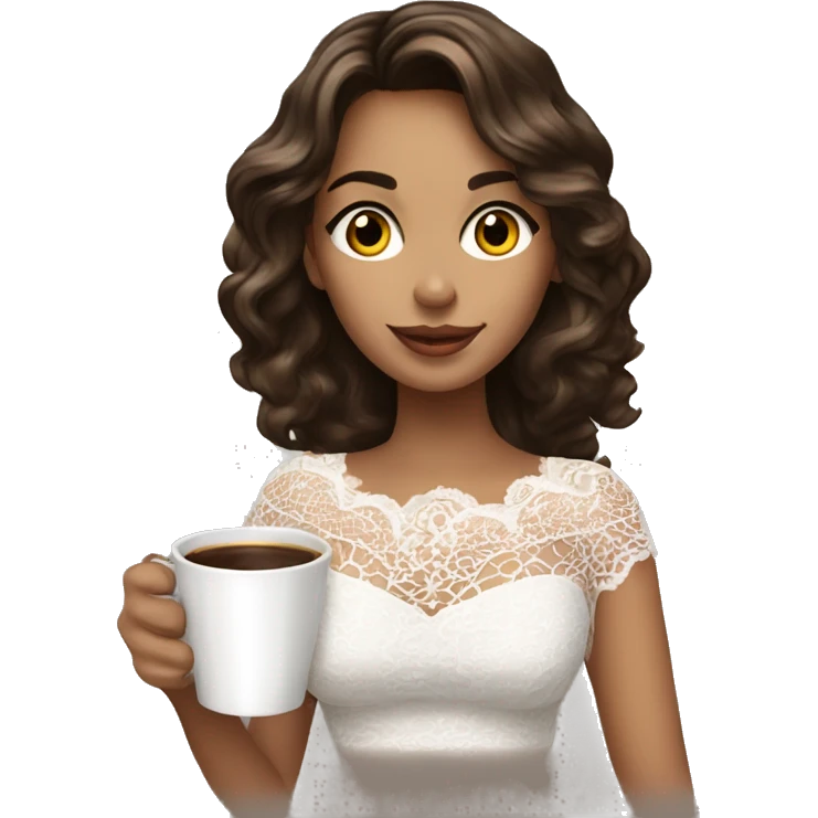 Beautiful brunette with highlights sipping coffee in a white lace top emoji