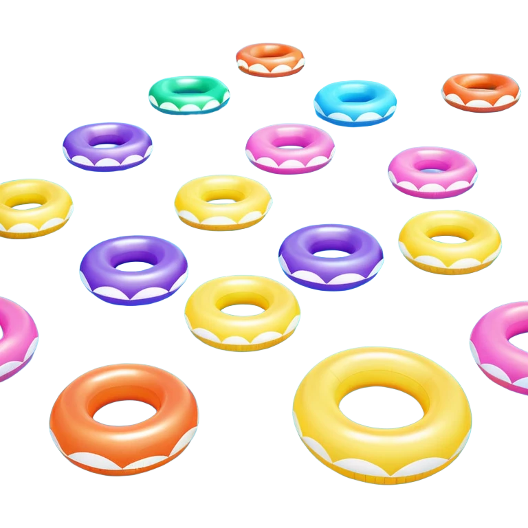 swimming pool surface with multiple inflatable pool floats floating on water, extra colorful float rings scattered across the pool, glossy water reflections, summer vibe, 3D cartoon style, mobile game icon style, clean composition, no people, no text, no watermark

 emoji