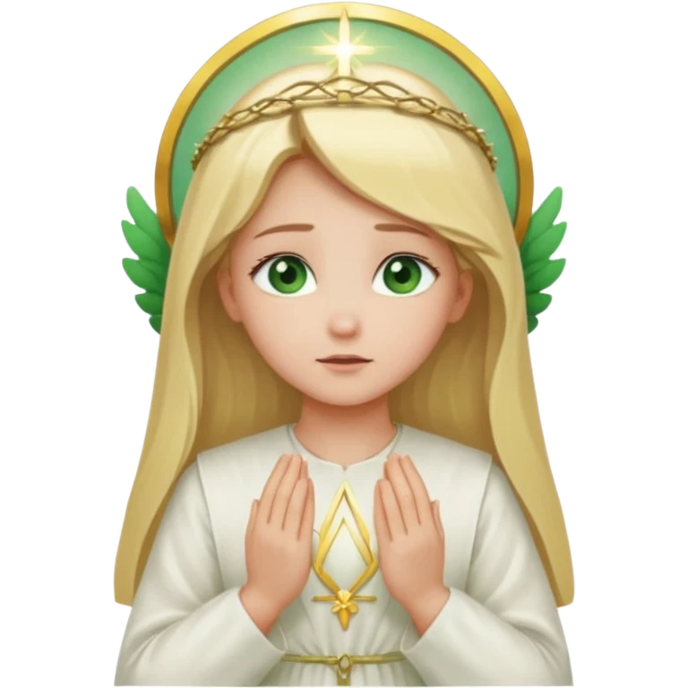 Blonde girl in white closed dress with green eyes praying. The holy halo is behind her emoji