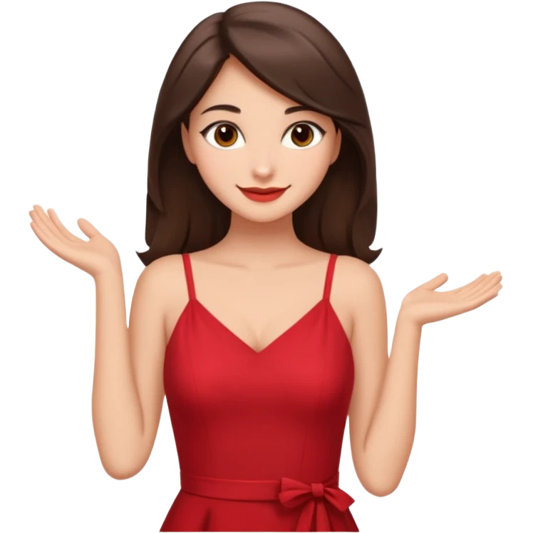 Cartoon emoji of a young brunette woman with fair-medium skin, brown eyes, wearing a red outfit. Full-height, standing confidently in a red dress  posing sexy with a smile and relaxed posture. Smooth, friendly, stylized, make up on, flirty eyes and smile in a sexy position touching hair emoji