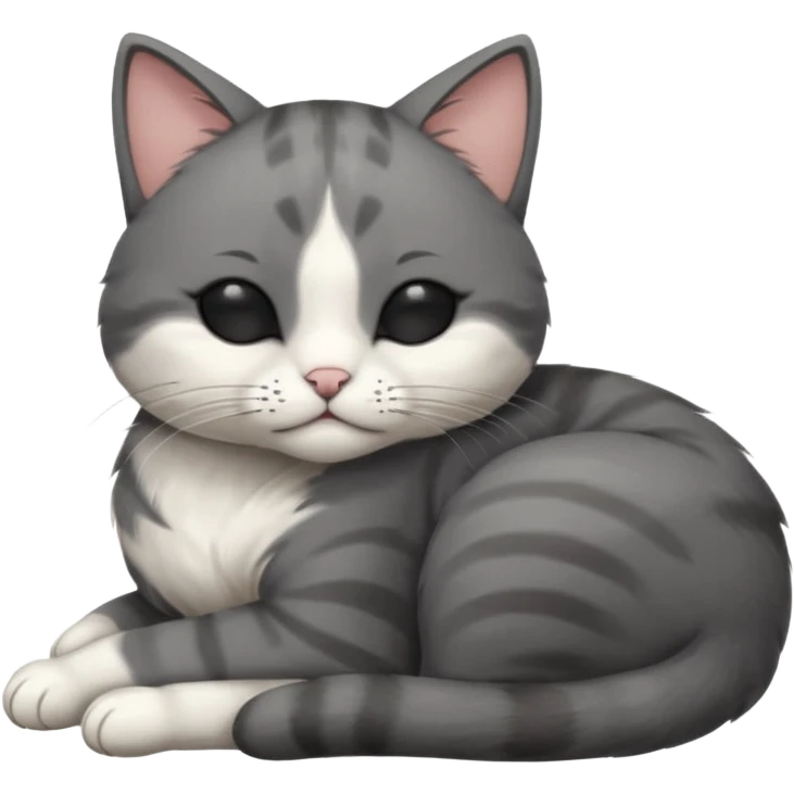 dark grey and white small cat with his eyes closed, leaning his head on his paw while leaning on his elbow lying down emoji