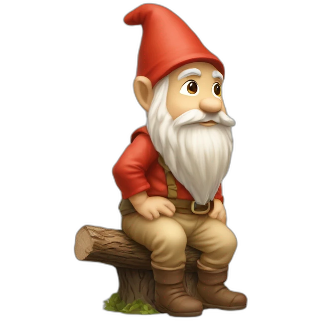 side view of gnome with light tan pants squatting on top of tiny brown log emoji