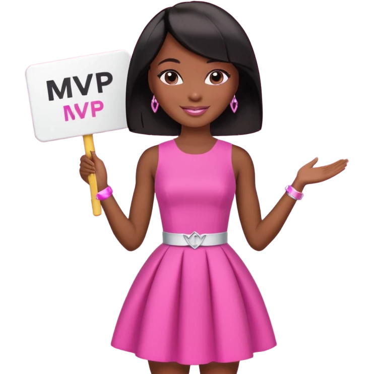 Black barbie, short  black bob  hair, pink dress with a sign that says mvp emoji