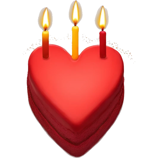 Red primarily colored heart shaped birthday cake, top view, 4 candles emoji