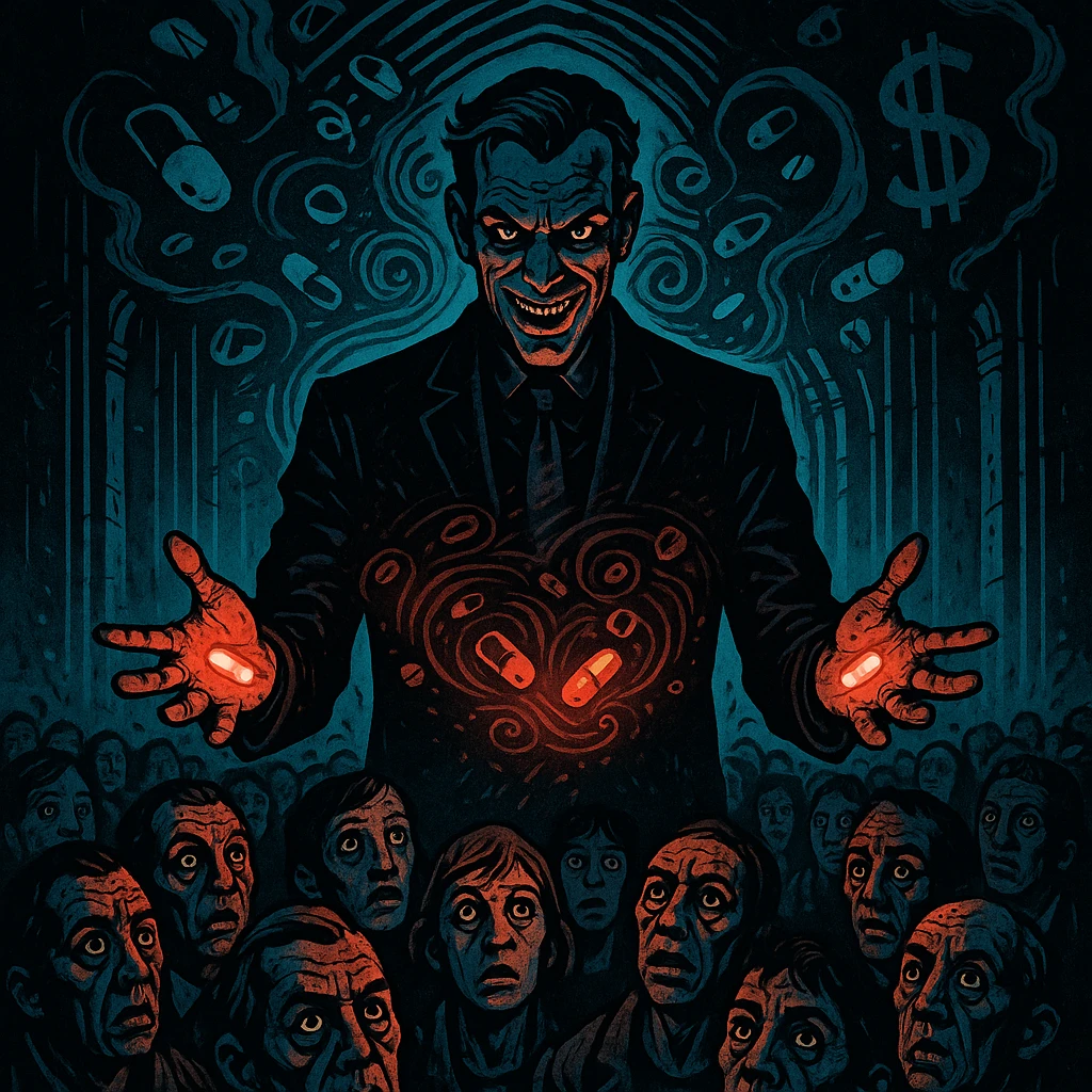 Charismatic sinister man in a suit, glowing pills in hands, hypnotizing crowd, swirling pharmaceutical symbols, dollar signs in smoke, gothic neon-lit stage, cinematic lighting, hyper-detailed, Mike Mignola meets cyber-noir. Variant 9, more focus on crowd faces. emoji