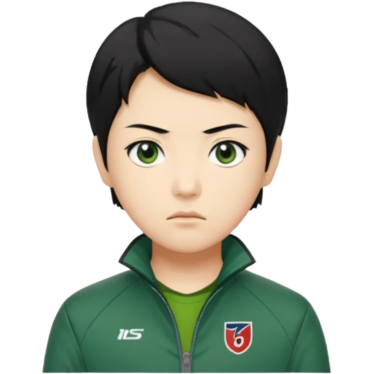 Create a realistic portrait of Kang Sae-byeok (Player 067) with short black hair, green jacket & serious look. emoji