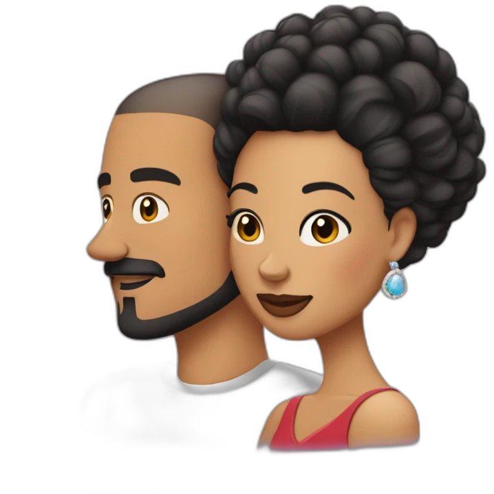 “White latino man with a buzz cut and skin black hair fade, thin beard, and well-defined mustache by a barber, embracing his Black Latina wife with very straight hair and large earrings.” emoji