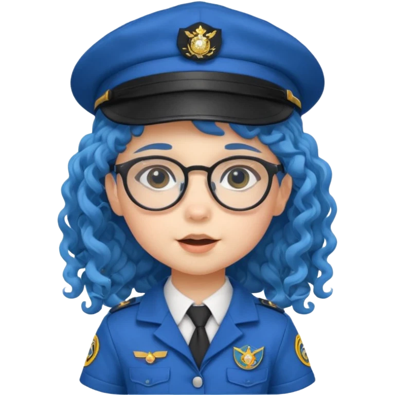 scout girl baby with uniform including the hat,  little with glassess and long curly blue hair emoji