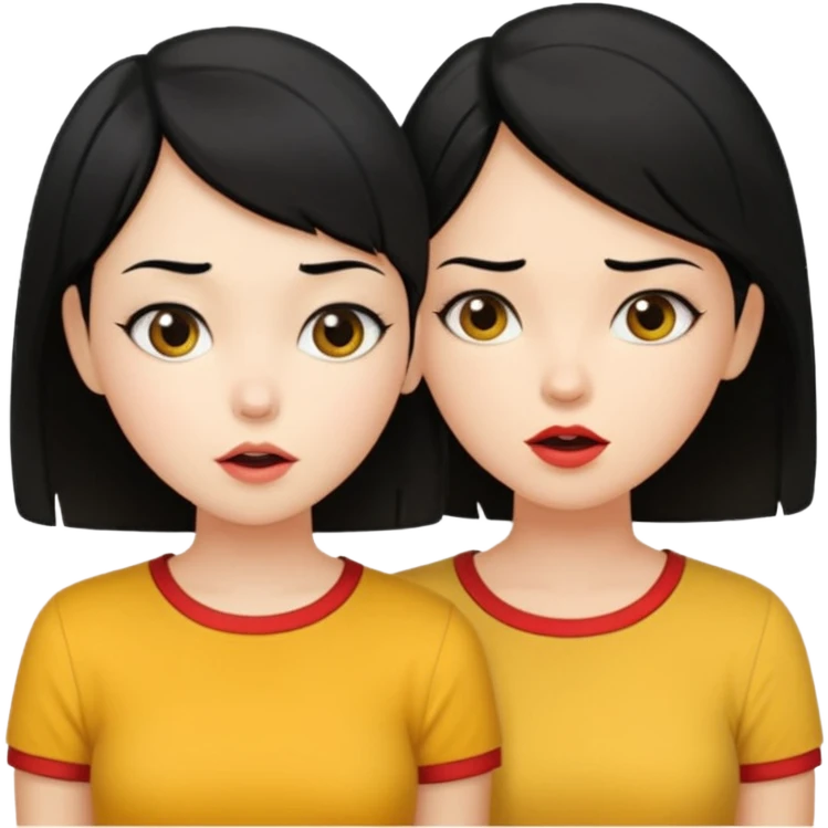 2 girls gossiping. both are fair and have black hair. One has short hair, one has long. One is wearing yellow, one is wearing red emoji