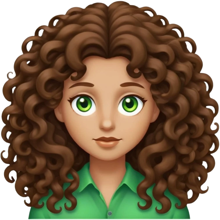 Character with extremely long massive voluminous curly brown hair and bright green eyes emoji