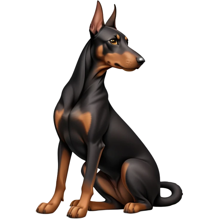 cinematic-[doberman]-realistic-full-body-sitting-emoji,-tail-resting-loosely-beside-its-paws,-head-tilted-dramatically, dooped ears -sleek-[black and tan]-fur,-simplified-yet-realistic-focused-features,-highly-detailed,-glowing-with-an-almost-sarcastic-glow emoji