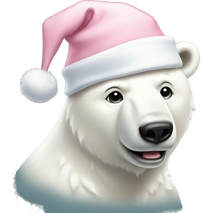white polar bear wearing light pink santa hat and bow emoji