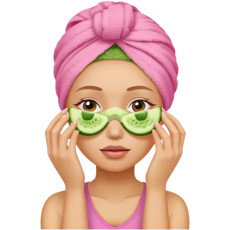 Girl with pink towel in hair cucumber slices covering eyes emoji