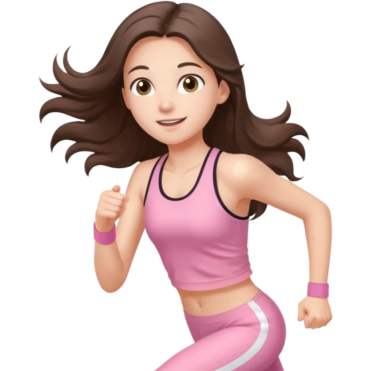 white happy brunette teen long hair with hazel eyes in light pink workout clothes jogging through finish line emoji