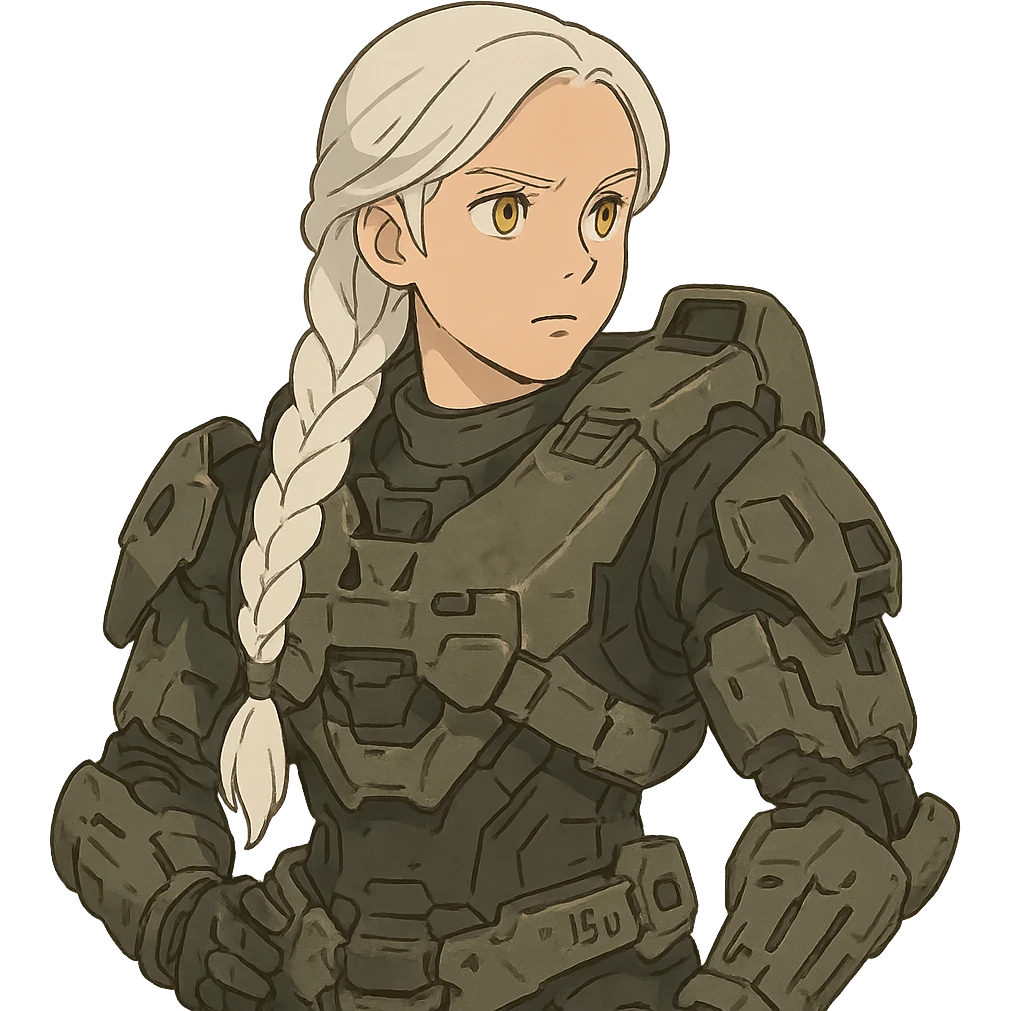 female, wearing reach spartan armor default, long white braid hair, gold yellow eyes, attention pose, halo series, no helmet emoji