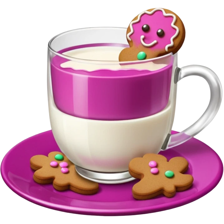 A glass of milk sits on a magenta saucer with gingerbread cookies. emoji