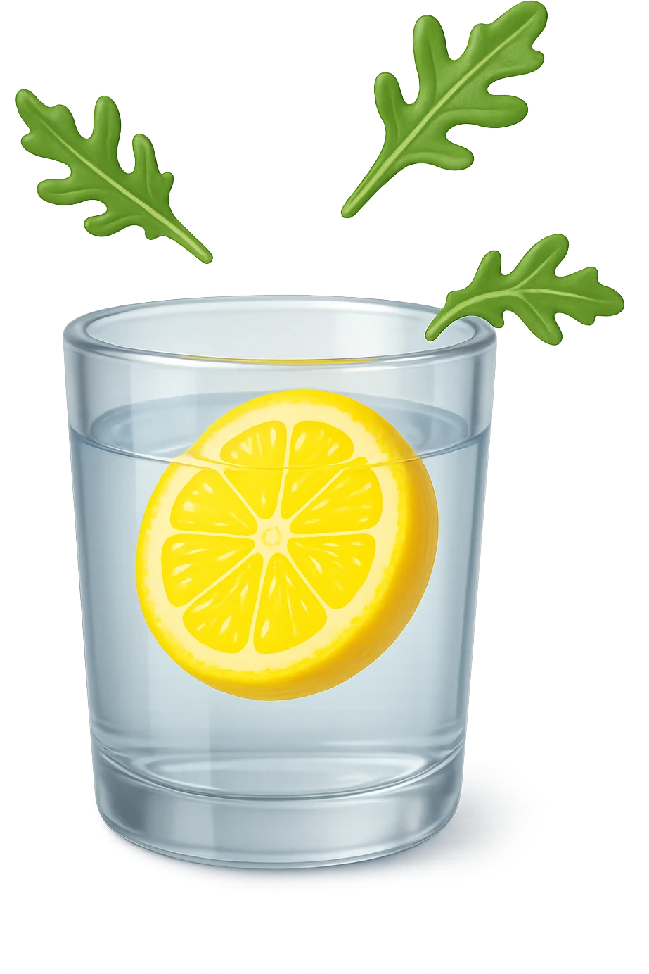 emoji stile iphone 3d di un bicchiere di acqua con limone e qualche foglia di rucola che fluttua intorno in aria, iperrealistico 4k emoji