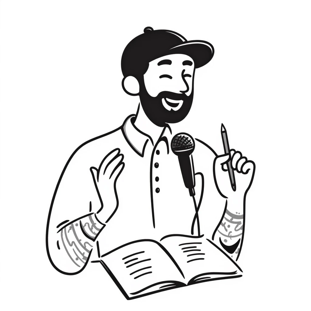 bearded songwriter in his 30s with backwards cap, enthusiastic smile, gripping microphone with one hand and pencil with other emoji