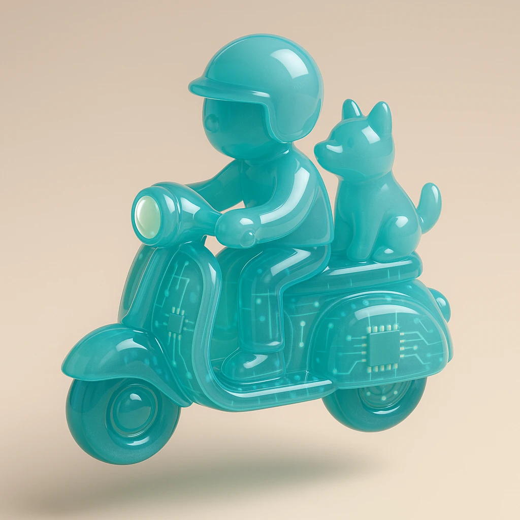 man and his pet dog riding a vespa emoji