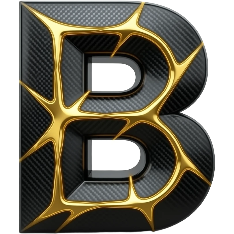 A heavy, angular 3D letter 'B' crafted from matte-black forged carbon fiber with glowing veins of molten gold. Sharp, precision-cut edges, automotive-grade finish, luxury sports car aesthetic, dark moody lighting emoji