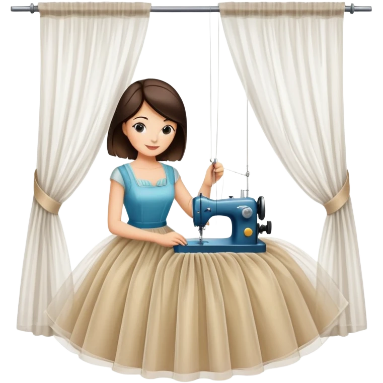 A picture where a brunette seamstress of about 40 years old is sewing a beautiful transparent tulle curtain. emoji