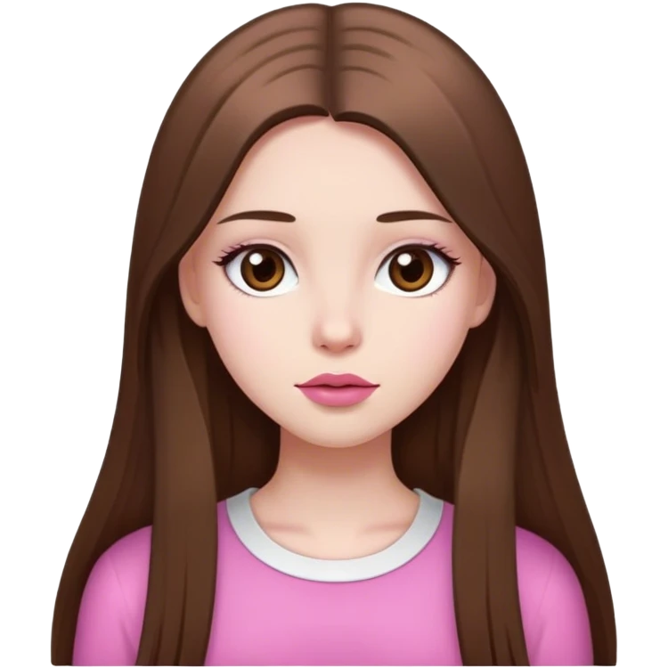 A girl with brown long and straight hair, white skin color, brown eyes, pink lips,  emoji