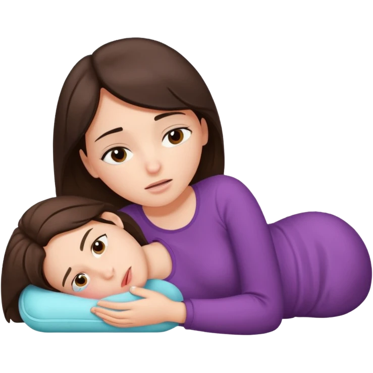 A brunette girl, with a pain face, lying on her side suffering from menstrual cramps, has a hot water bottle on her stomach. emoji