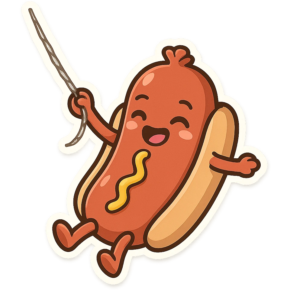 funny hot dog with arms, swinging on a web like Spider-Man emoji