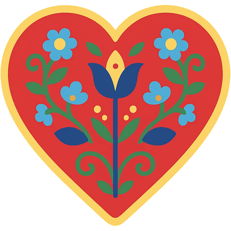 Red heart with Scandinavian folk art nature motif, featuring bright folk colors and simple, bold floral and leaf patterns. The design is easily recognizable when downsized and includes a border around the heart. emoji