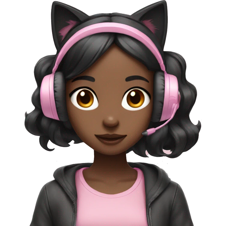 Black hair girl with pastel pink gaming headset that has cat ears  emoji