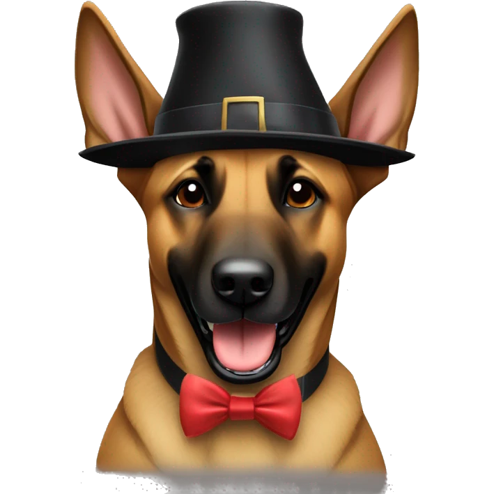 happy Belgian Malinois wearing a pilgrim hat and festive bow tie emoji